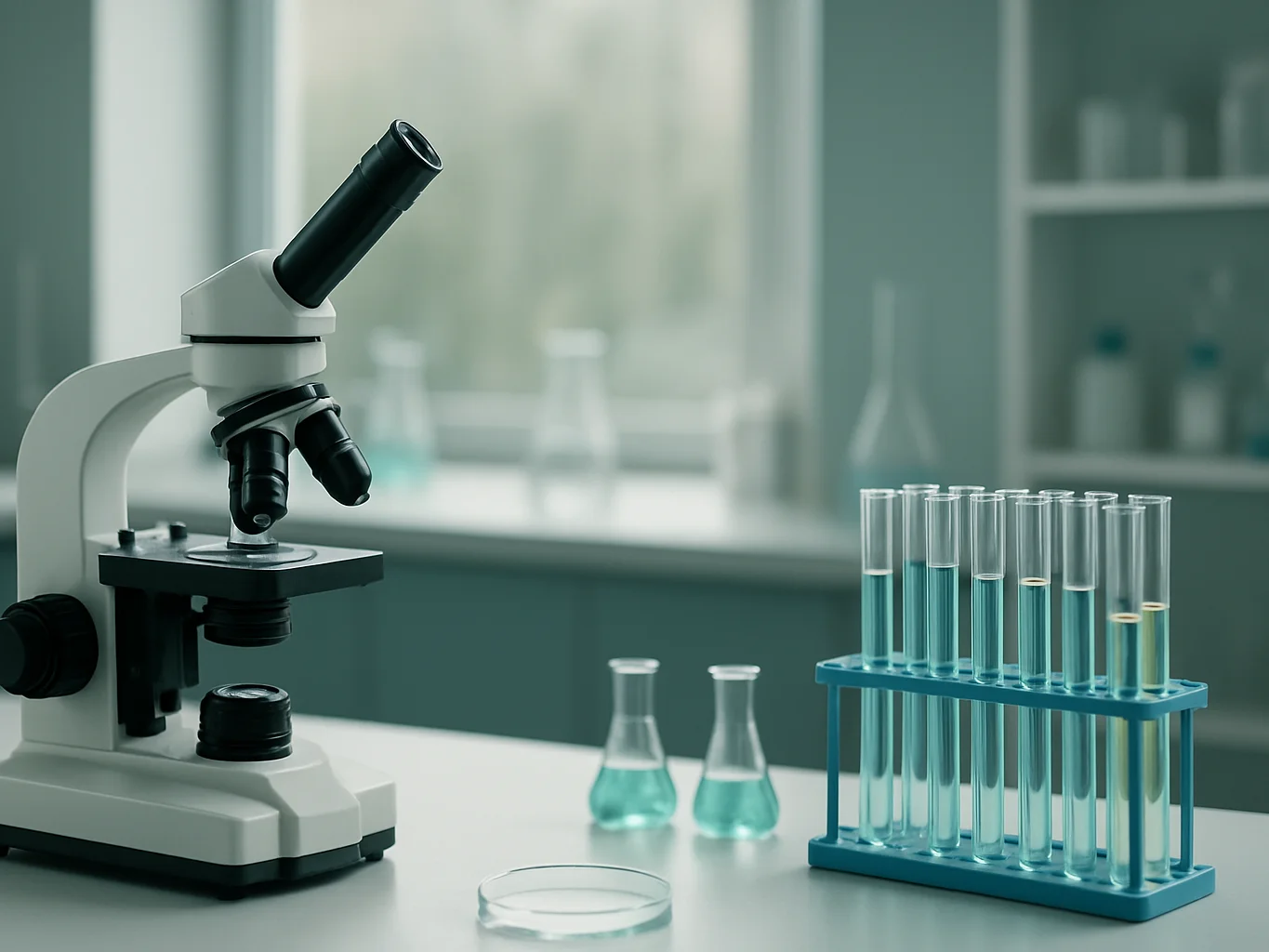 Microscope and laboratory glassware in a biotechnology research setting