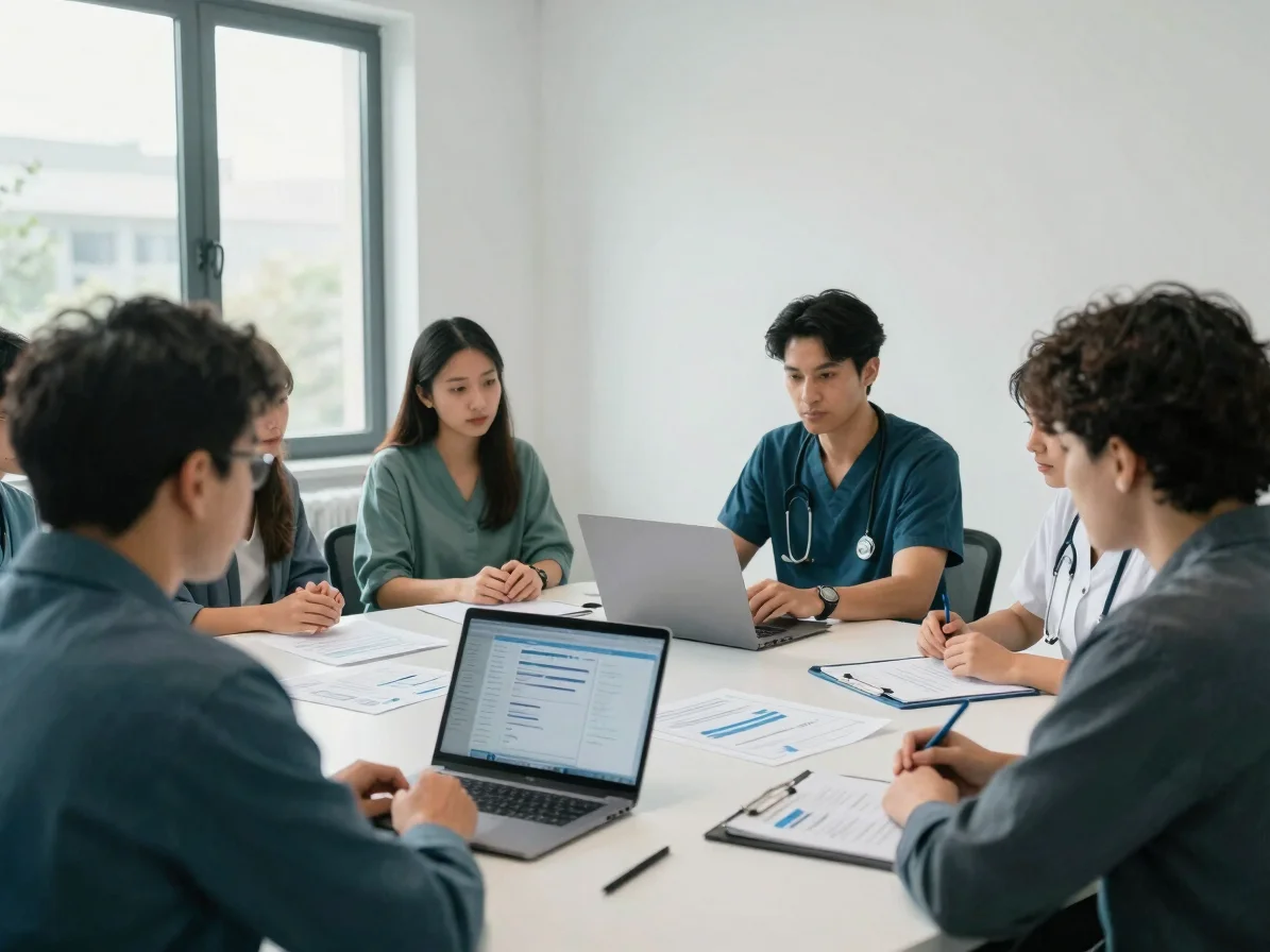 Healthcare professionals discussing information around a meeting table