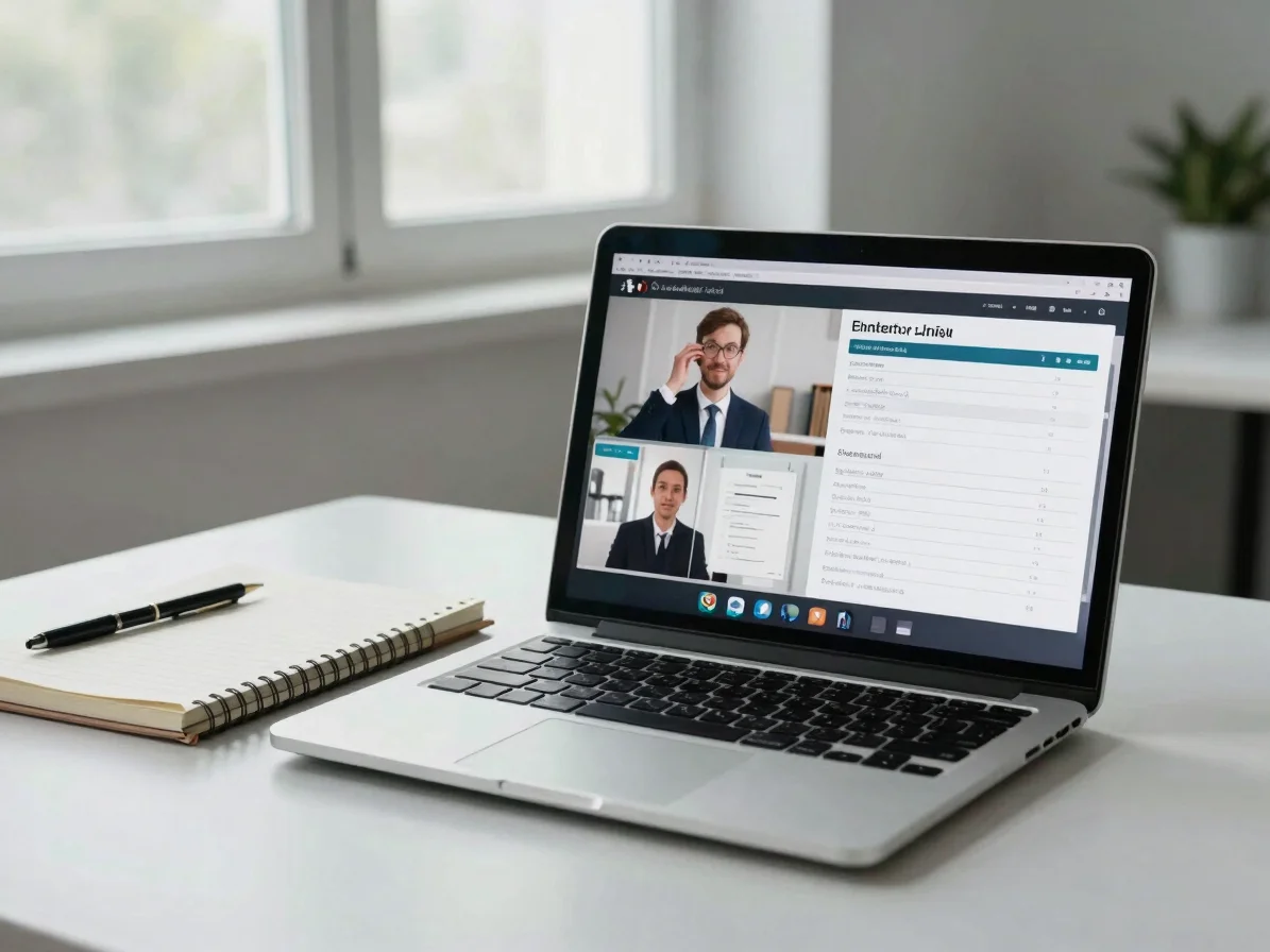 Laptop displaying an online professional webinar in a bright workspace